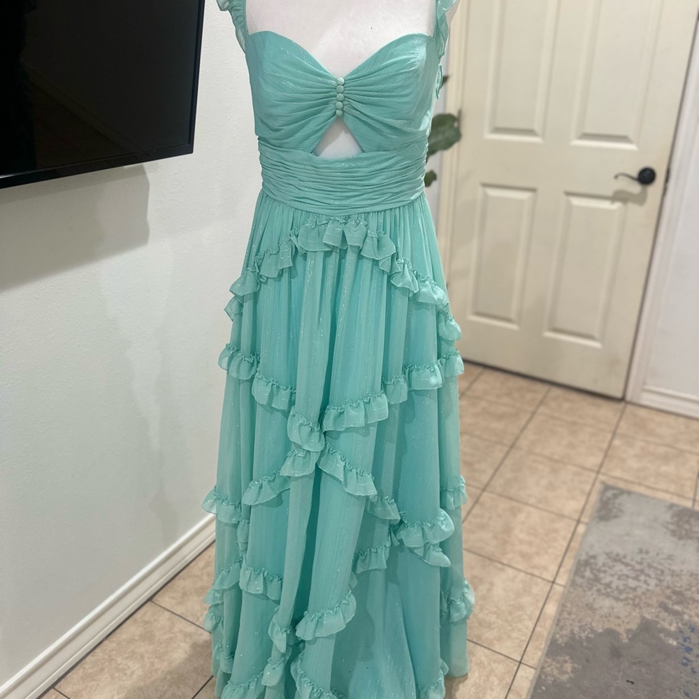 Mac Duggal Aqua Layered Ruffle Dress